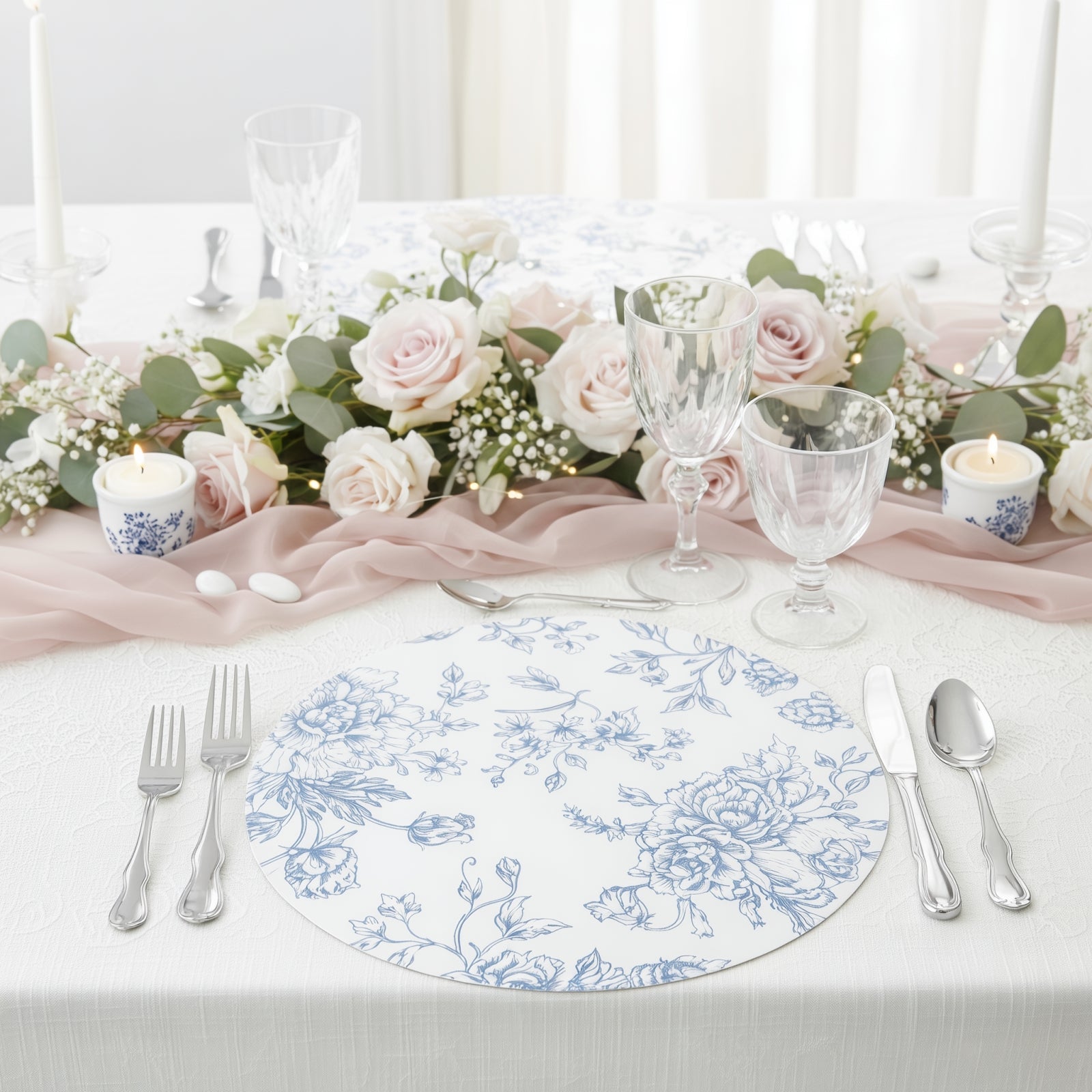 10-Pack Disposable Table Placemats in French Toile Print 13" in Matte White/Blue - Chic Floral Cardboard Placemats for Stylish Table Setting