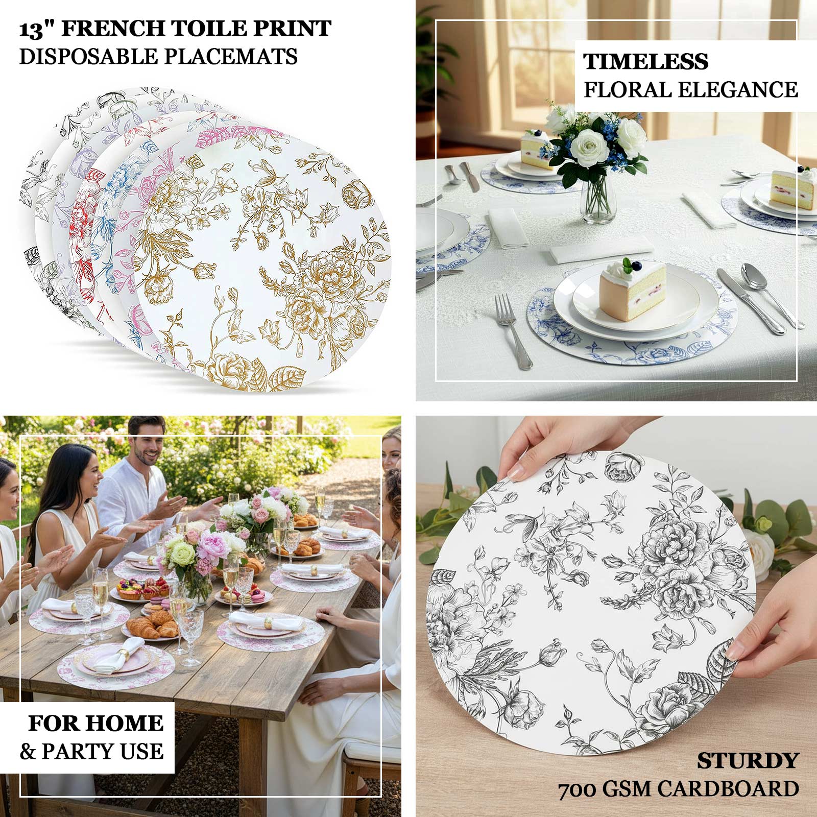 10-Pack Disposable Table Placemats in French Toile Print 13" in Matte White/Black - Chic Floral Cardboard Placemats for Stylish Table Setting