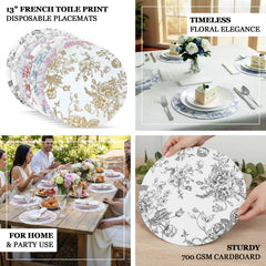 10-Pack Disposable Table Placemats in French Toile Print 13" in White/Matte Pink - Chic Floral Cardboard Placemats for Stylish Table Setting