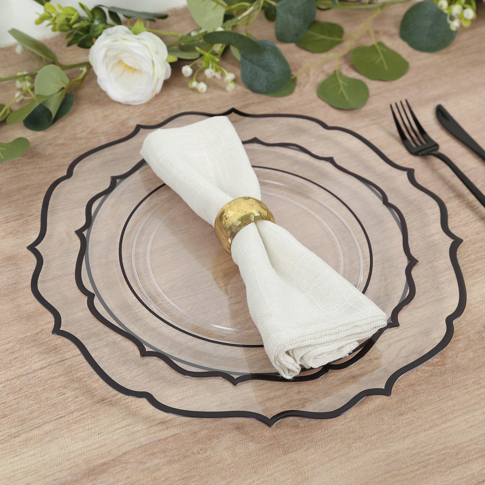 10-Pack Plastic 10" Round Dinner Plates in Clear with Black Scalloped Rim - Disposable Party Plates