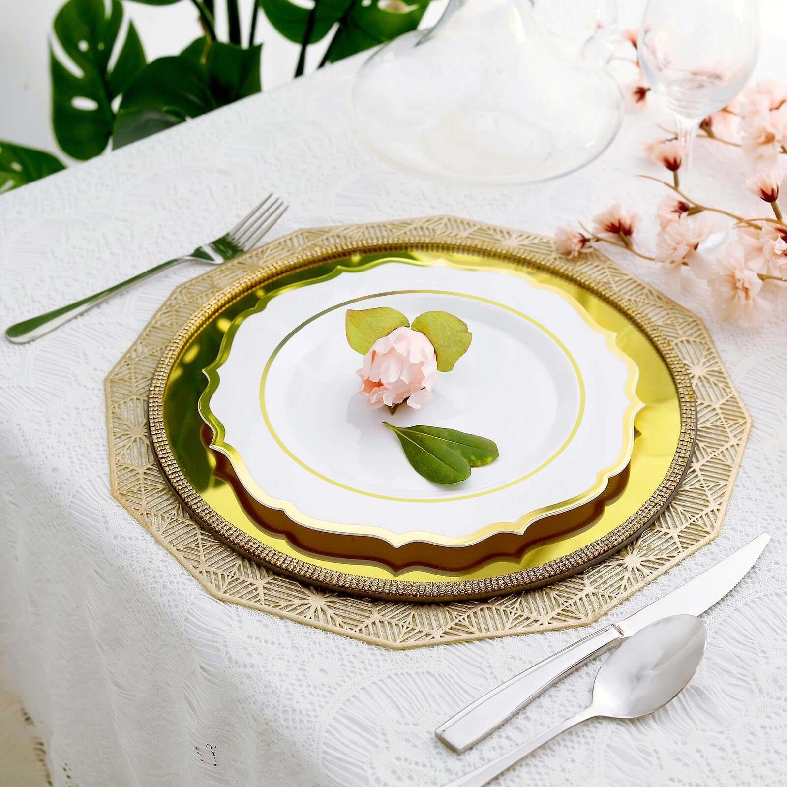10-Pack Plastic 10" Round Dinner Plates in White with Gold Scalloped Rim - Disposable Party Plates for Chic Banquets & Special Occasions