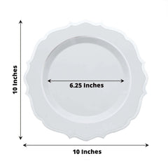 10-Pack Plastic 10" Round Dinner Plates in White with Silver Scalloped Rim - Disposable Party Plates