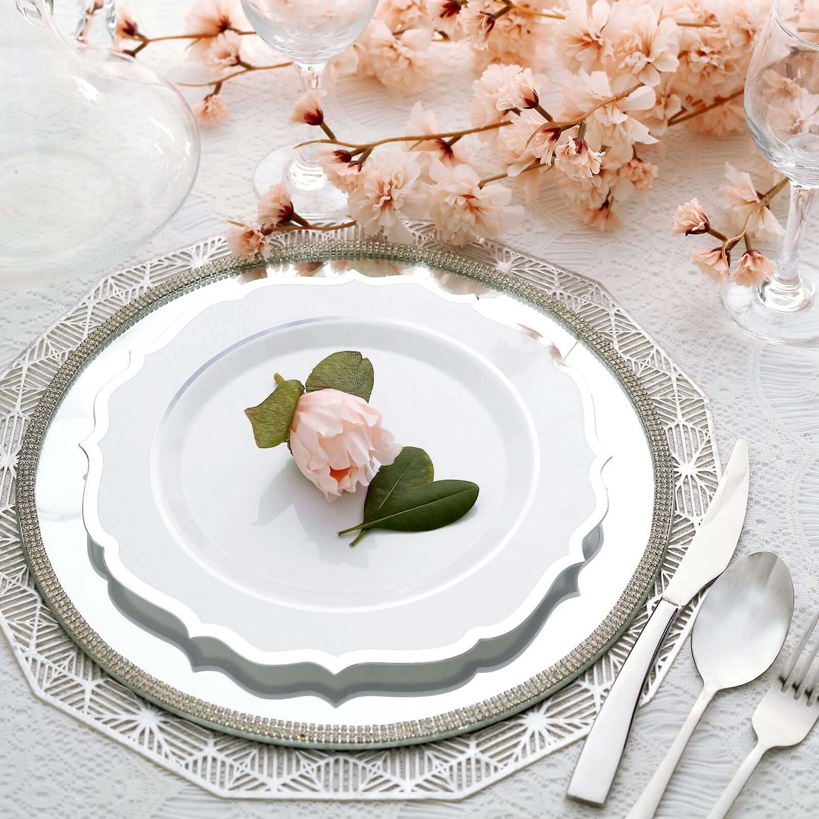 10-Pack Plastic 10" Round Dinner Plates in White with Silver Scalloped Rim - Disposable Party Plates