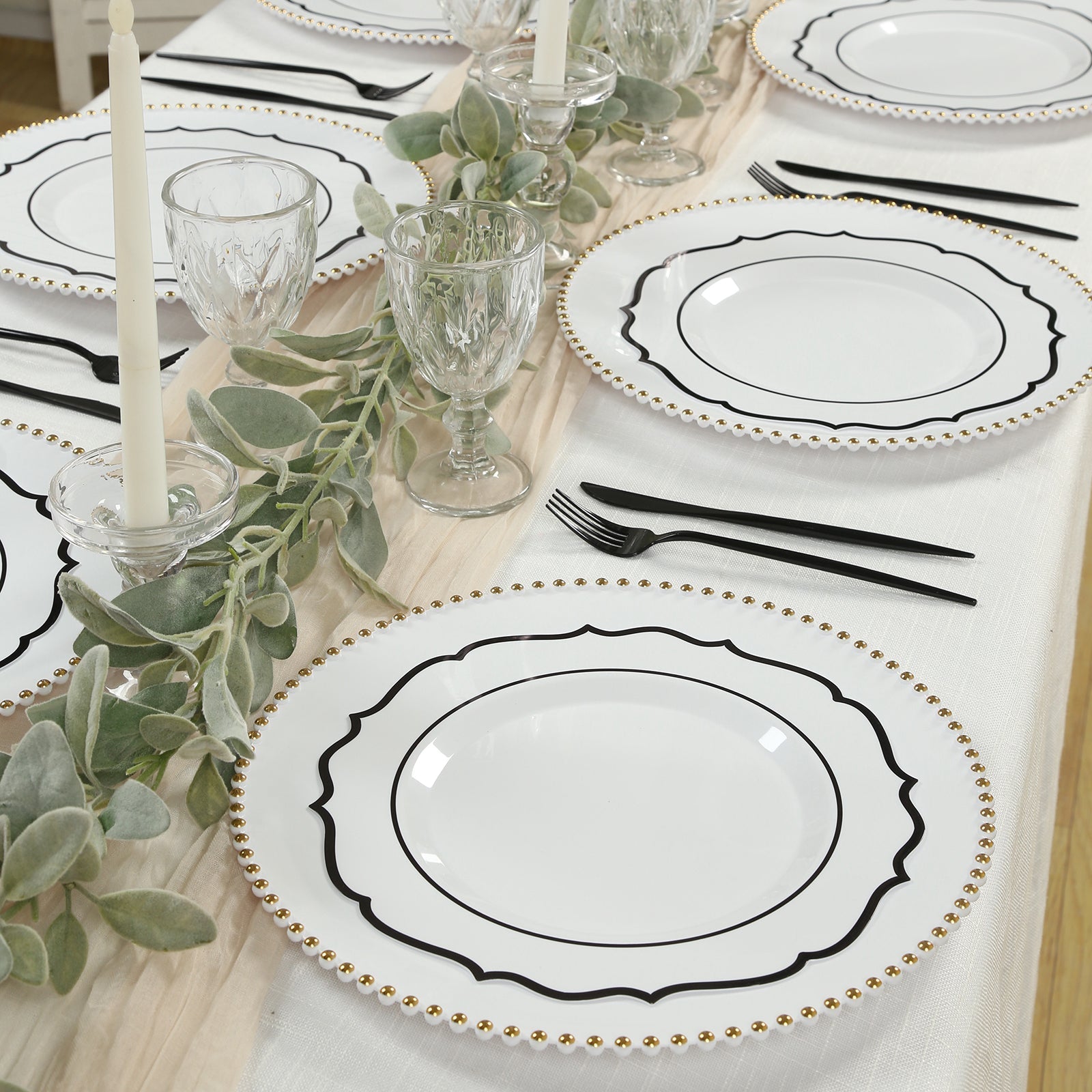 10-Pack Plastic 10" Round Dinner Plates in White with Black Scalloped Rim - Disposable Party Plates