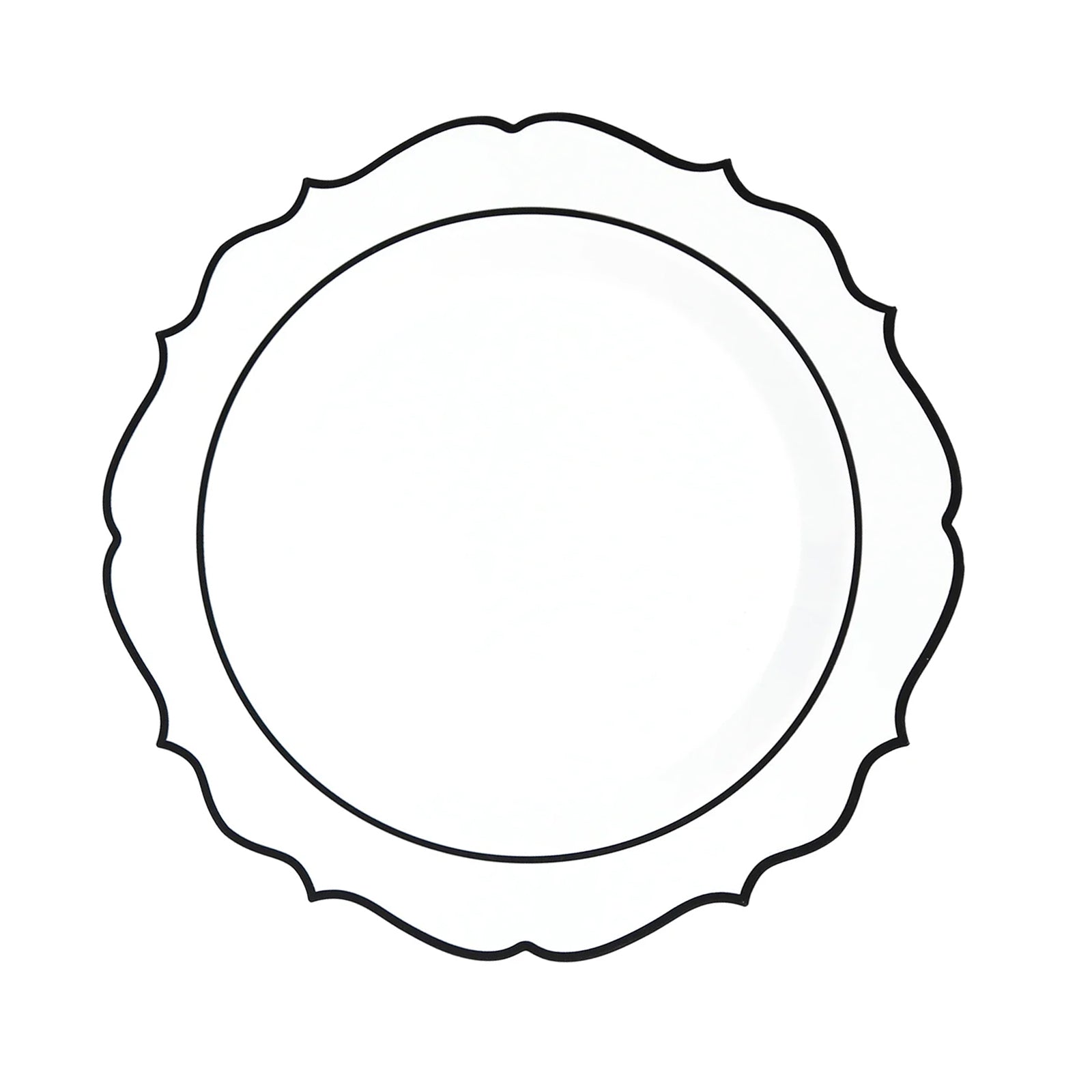 10-Pack Plastic 8" Round Dessert Plates in Clear with Black Scalloped Rim - Disposable Appetizer/Salad Plates