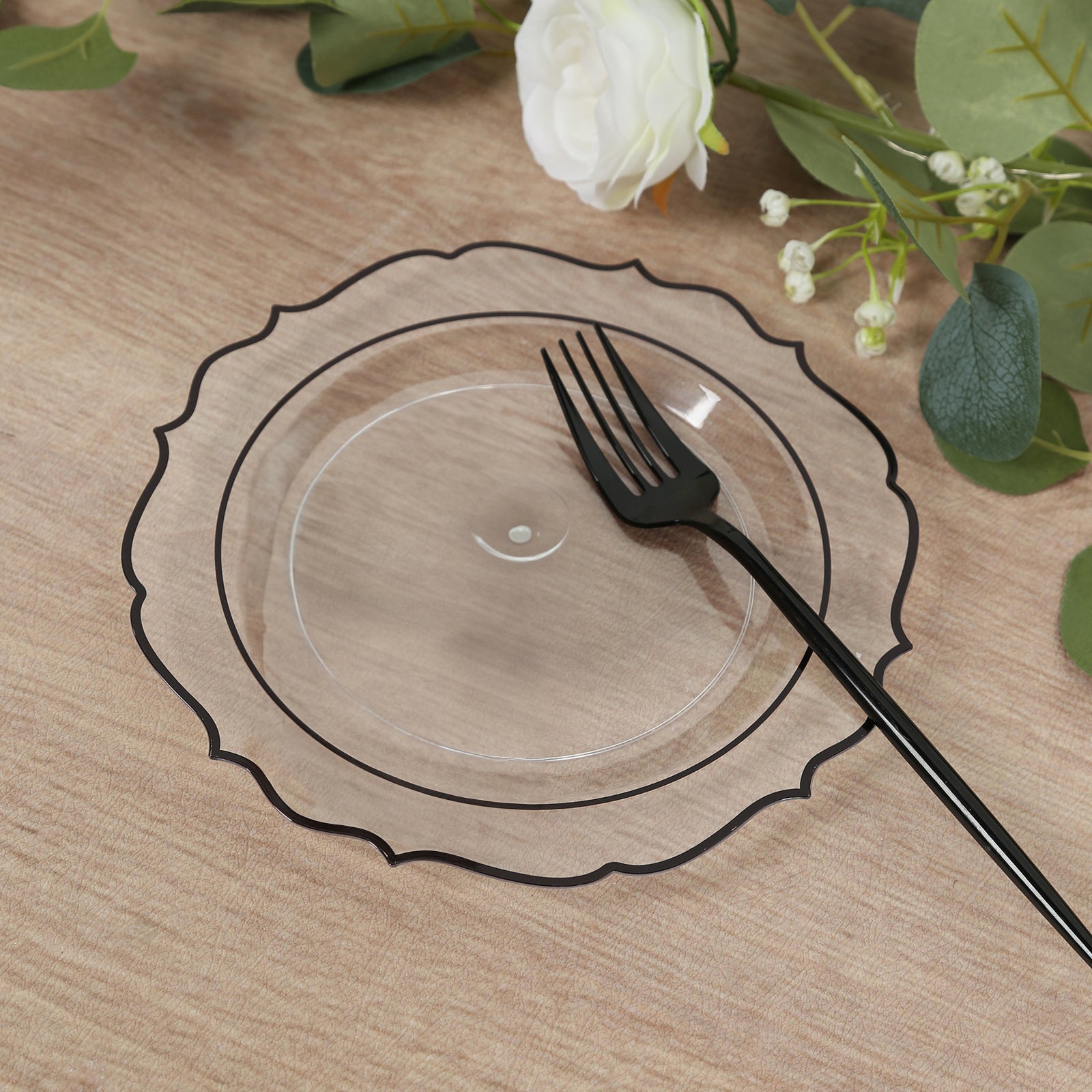 10-Pack Plastic 8" Round Dessert Plates in Clear with Black Scalloped Rim - Disposable Appetizer/Salad Plates
