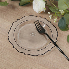 10-Pack Plastic 8" Round Dessert Plates in Clear with Black Scalloped Rim - Disposable Appetizer/Salad Plates