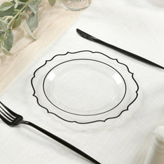 10-Pack Plastic 8" Round Dessert Plates in Clear with Black Scalloped Rim - Disposable Appetizer/Salad Plates