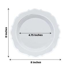 10-Pack Plastic 8" Round Dessert Plates in White with Silver Scalloped Rim - Disposable Appetizer/Salad Plates