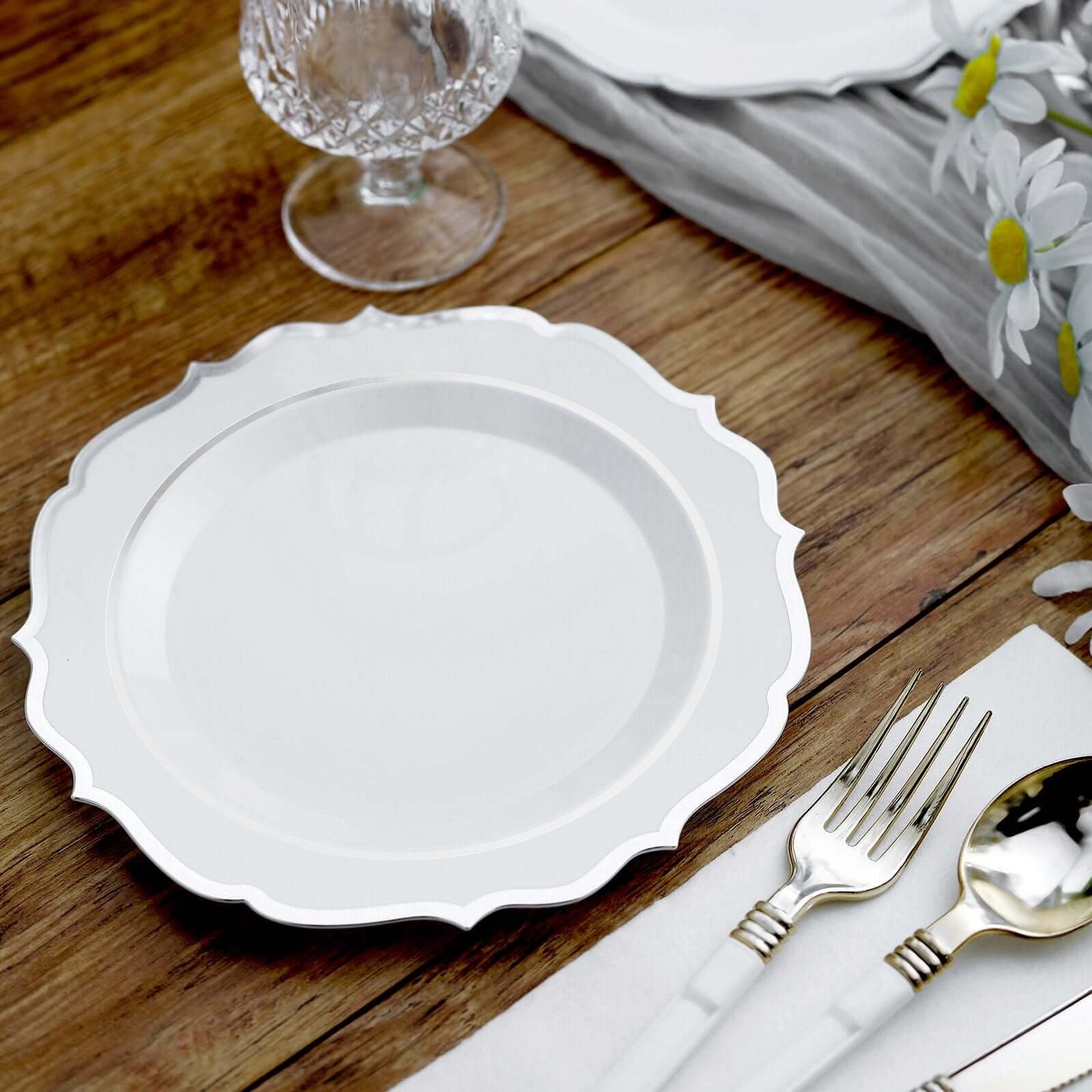 10-Pack Plastic 8" Round Dessert Plates in White with Silver Scalloped Rim - Disposable Appetizer/Salad Plates