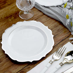 10-Pack Plastic 8" Round Dessert Plates in White with Silver Scalloped Rim - Disposable Appetizer/Salad Plates
