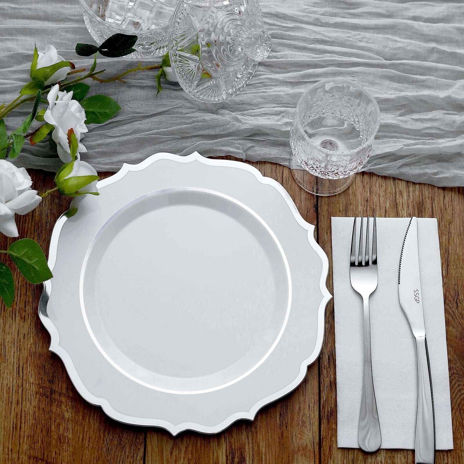 10-Pack Plastic 8" Round Dessert Plates in White with Silver Scalloped Rim - Disposable Appetizer/Salad Plates