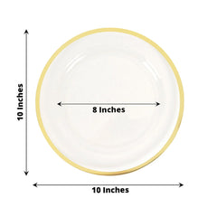 10-Pack Plastic 10" Round Dinner Plates in Clear with Gold Rim - Disposable Party Plates for Classy Banquets & Special Occasions
