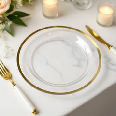10-Pack Plastic 10" Round Dinner Plates in Clear with Gold Rim - Disposable Party Plates for Classy Banquets & Special Occasions