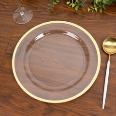 10-Pack Plastic 10" Round Dinner Plates in Clear with Gold Rim - Disposable Party Plates for Classy Banquets & Special Occasions