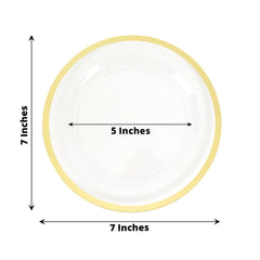 10-Pack Plastic 7" Round Appetizer Plates in Clear with Gold Rim - Sleek Disposable Salad Plates for Banquets & Special Occasions