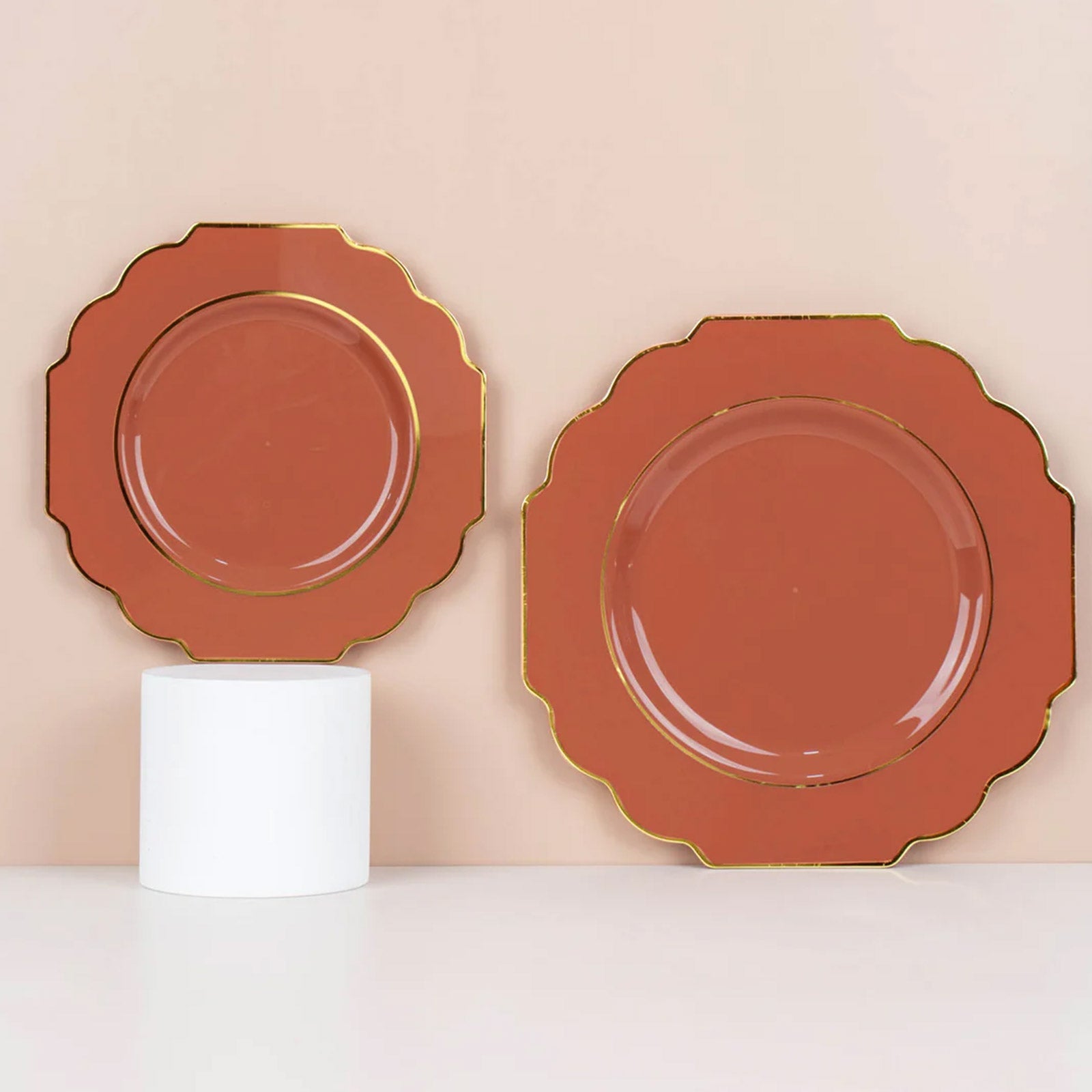 10-Pack Plastic Dinner Plates in Terracotta (Rust) Baroque Design with Scalloped Gold Rim - Heavy Duty Disposable Party Plates 11"
