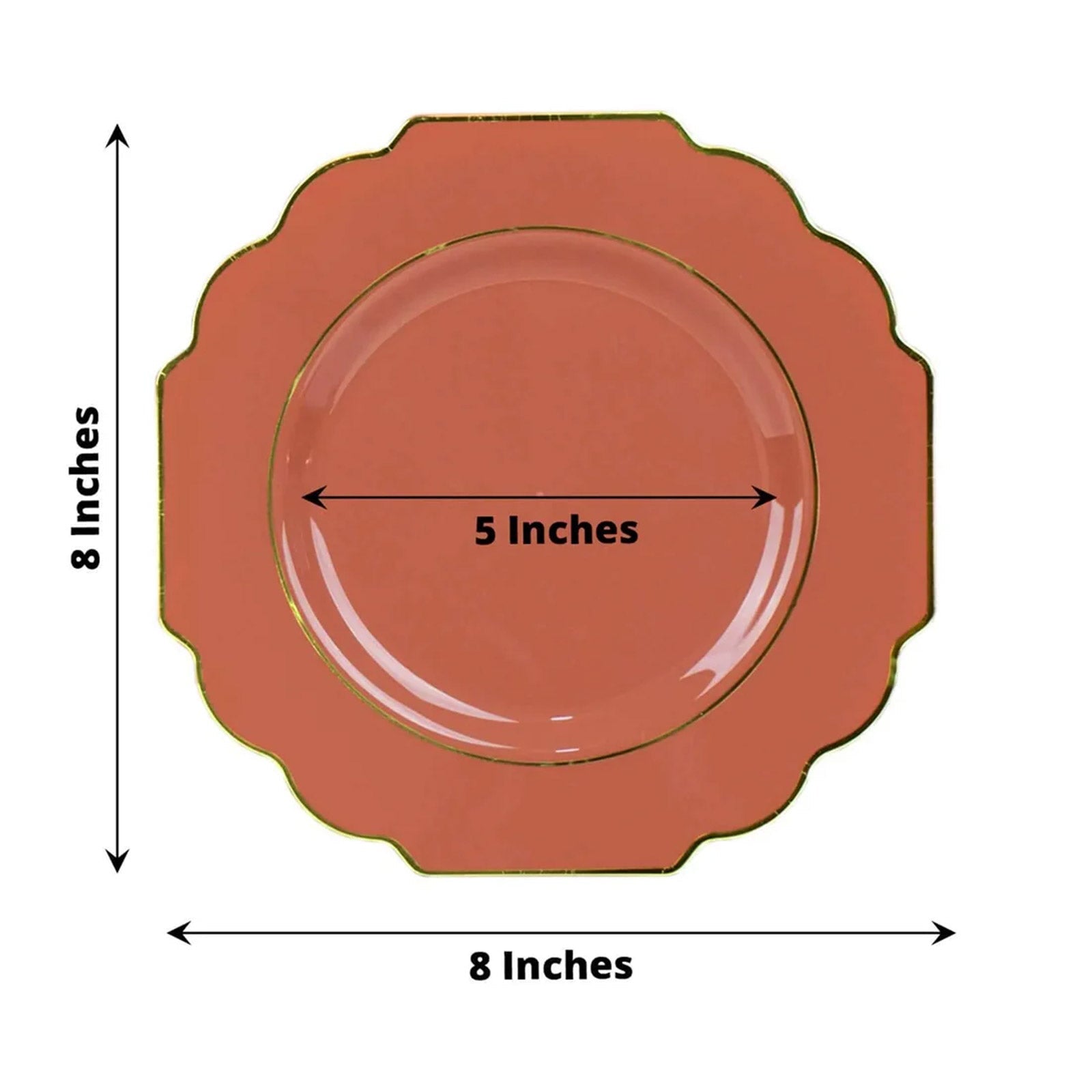 10-Pack Plastic Dessert Appetizer Plates in Terracotta (Rust) Baroque Design with Scalloped Gold Rim - Heavy Duty Disposable Salad Plates 8"
