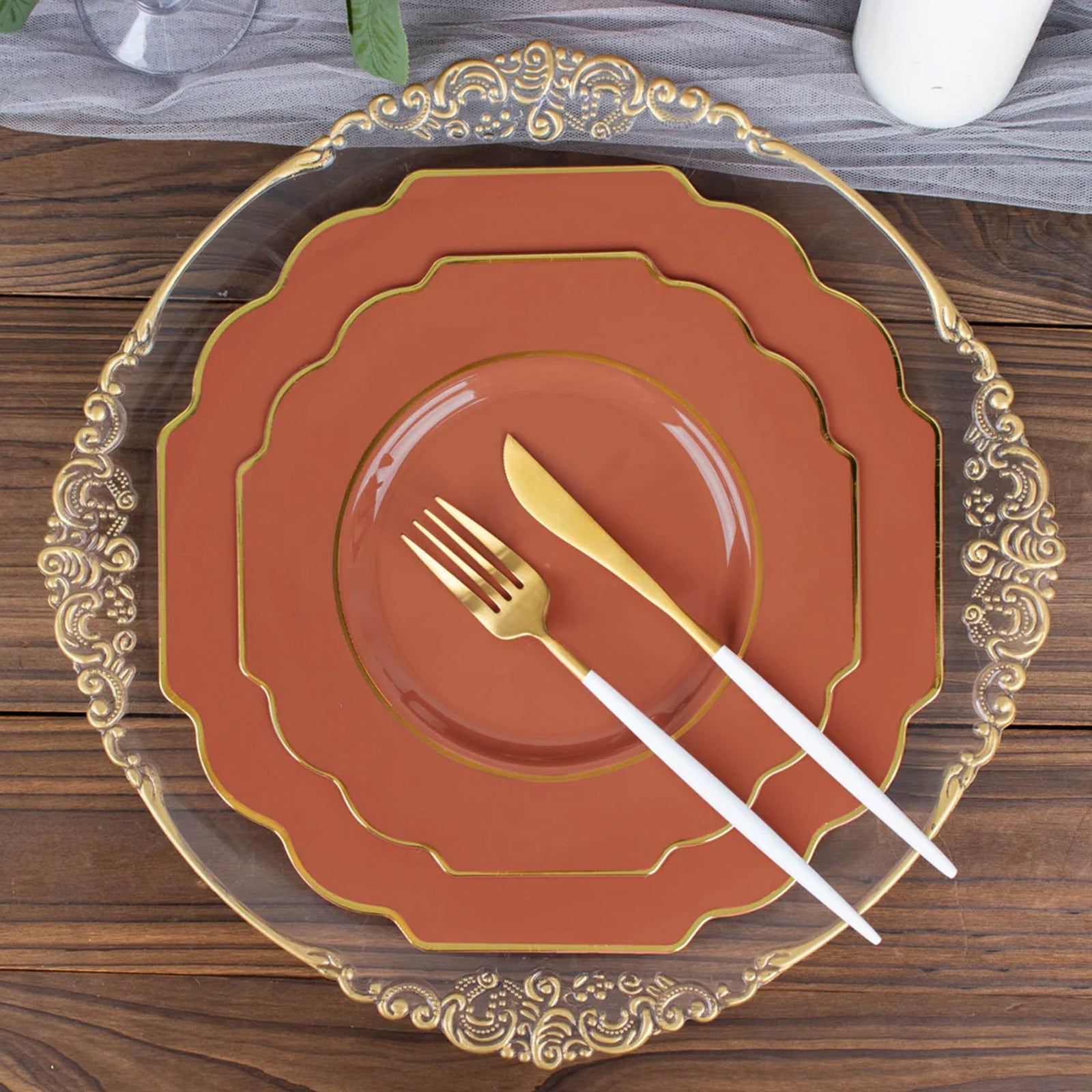10-Pack Plastic Dessert Appetizer Plates in Terracotta (Rust) Baroque Design with Scalloped Gold Rim - Heavy Duty Disposable Salad Plates 8"