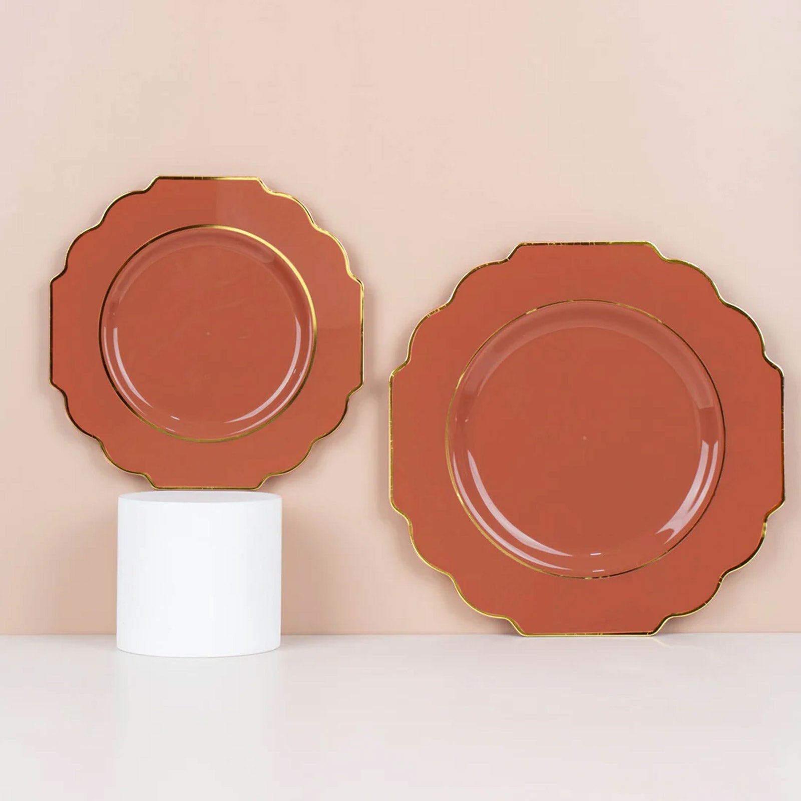 10-Pack Plastic Dessert Appetizer Plates in Terracotta (Rust) Baroque Design with Scalloped Gold Rim - Heavy Duty Disposable Salad Plates 8"