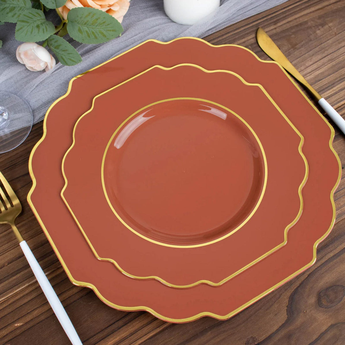 10-Pack Plastic Dessert Appetizer Plates in Terracotta (Rust) Baroque Design with Scalloped Gold Rim - Heavy Duty Disposable Salad Plates 8"