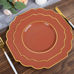 10-Pack Plastic Dessert Appetizer Plates in Terracotta (Rust) Baroque Design with Scalloped Gold Rim - Heavy Duty Disposable Salad Plates 8"