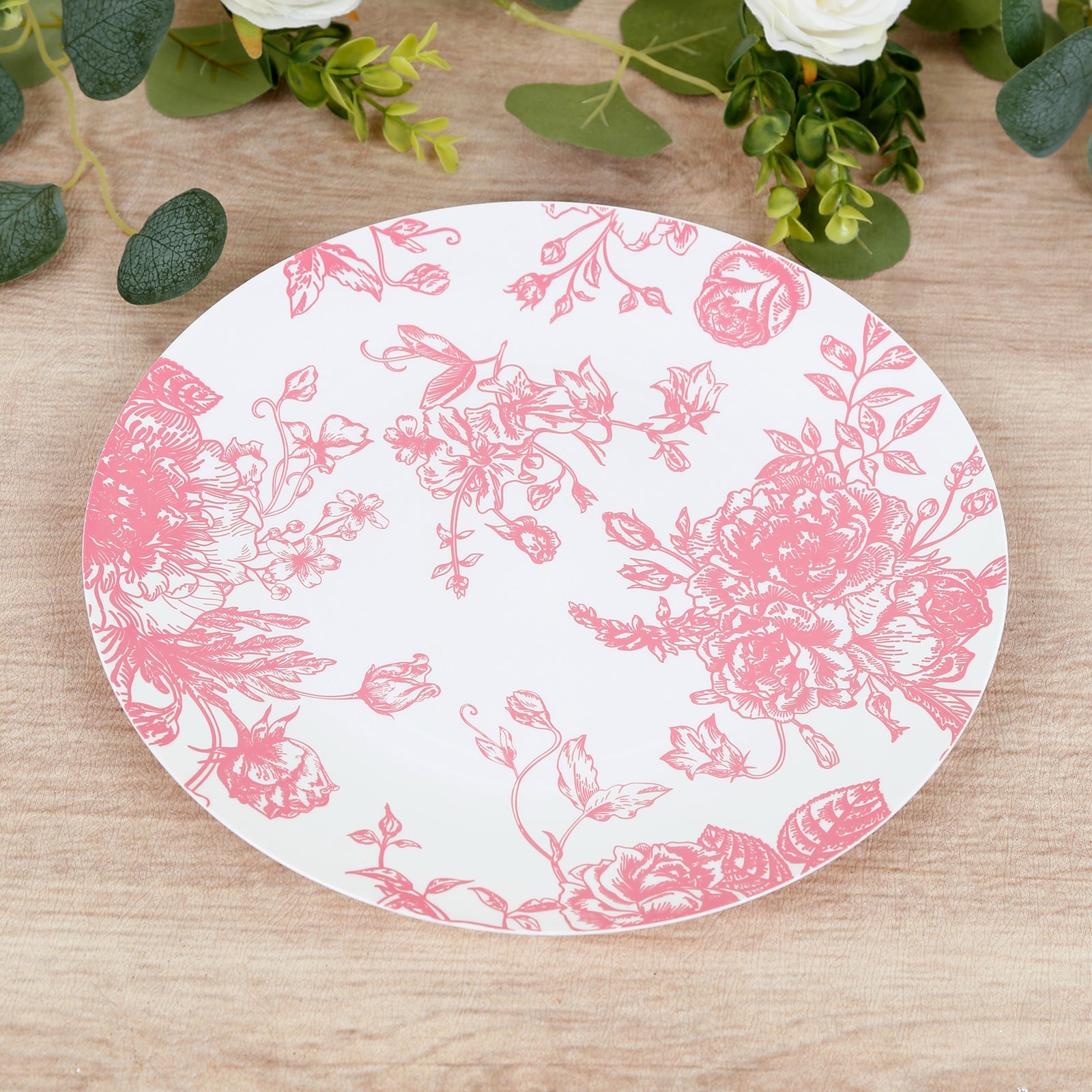 10-Pack French Toile Plastic Party Plates – Pink & White Floral, 10" Round Disposable Dinner Plates