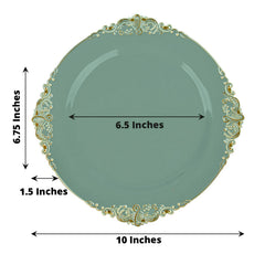 10-Pack Plastic 10" Round Dinner Plates in Dusty Sage Green with Gold Leaf Embossed Rim - Disposable Vintage Baroque Style Plates