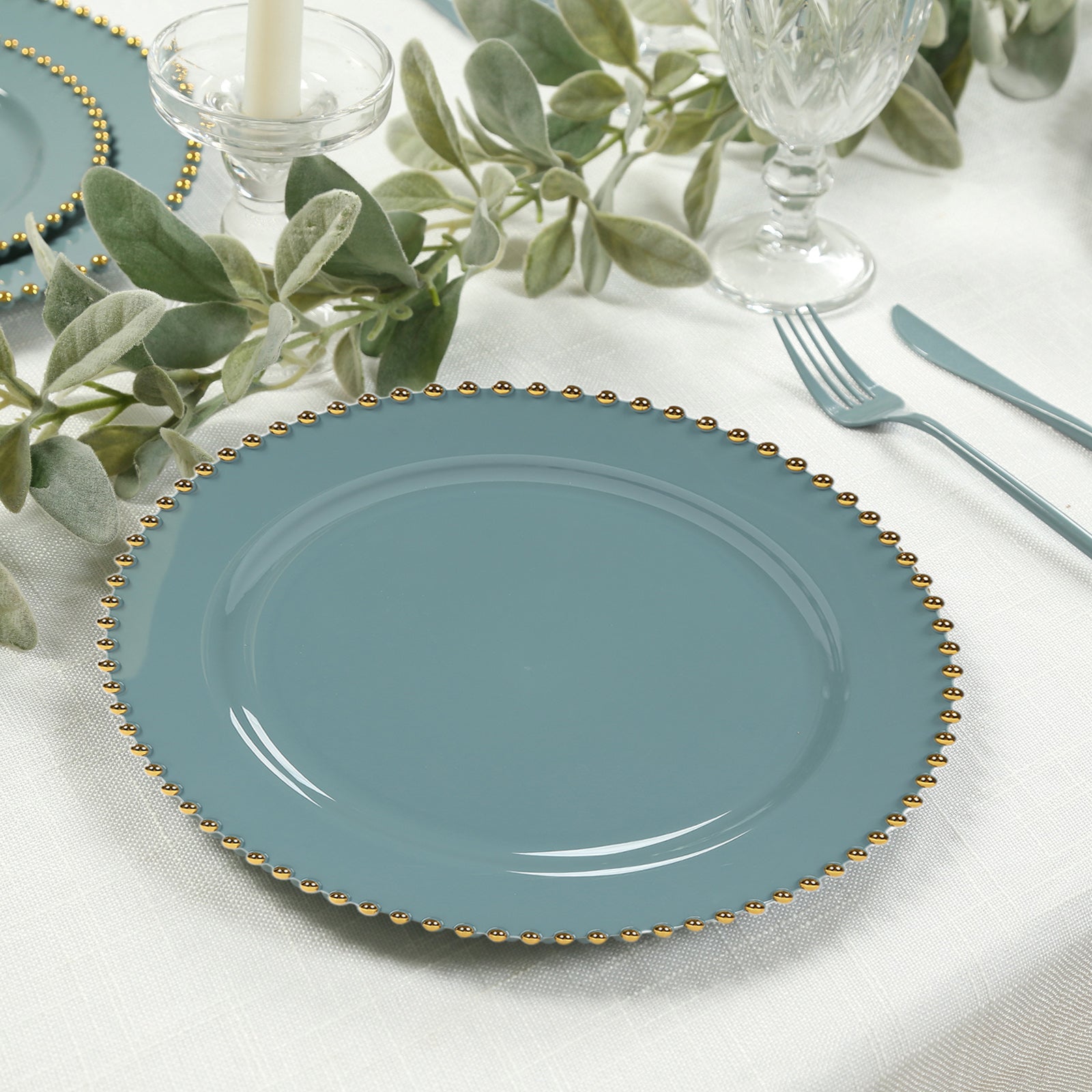 10-Pack Plastic 10" Round Dinner Plates in Dusty Blue with Gold Beaded Rim - Disposable Party Plates for Banquets & Festive Occasions