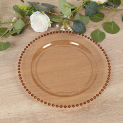 10-Pack Plastic 10" Round Dinner Plates in Amber Gold with Beaded Rim - Disposable Party Plates for Banquets & Festive Occasions