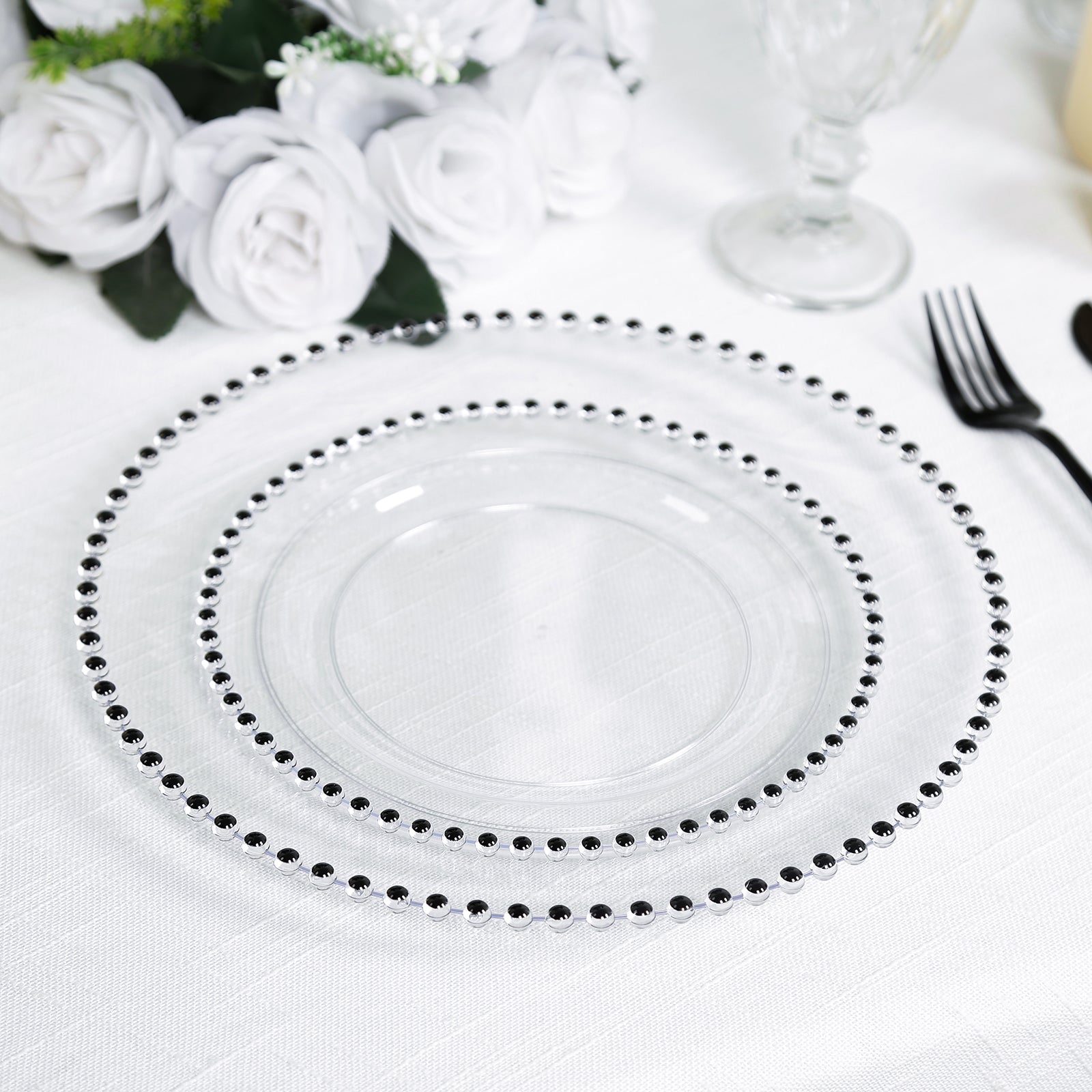 10-Pack Plastic 10" Round Dinner Plates in Clear with Black Beaded Rim - Disposable Party Plates for Banquets & Festive Occasions