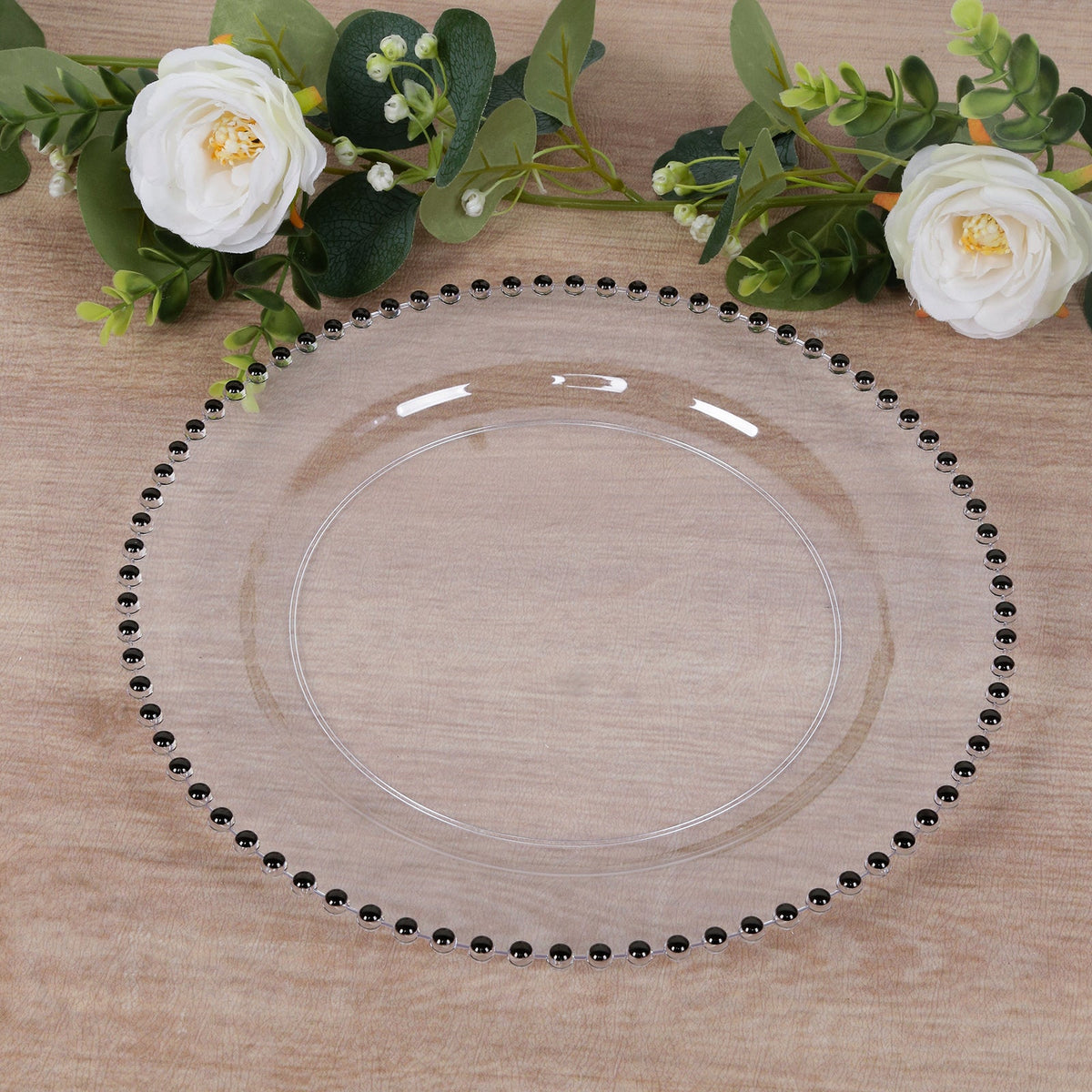10-Pack Plastic 10" Round Dinner Plates in Clear with Black Beaded Rim - Disposable Party Plates for Banquets & Festive Occasions