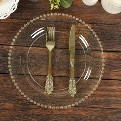 10-Pack Plastic 10" Round Dinner Plates in Clear Gold Glittered with Beaded Rim - Disposable Party Plates for Banquets & Festive Occasions