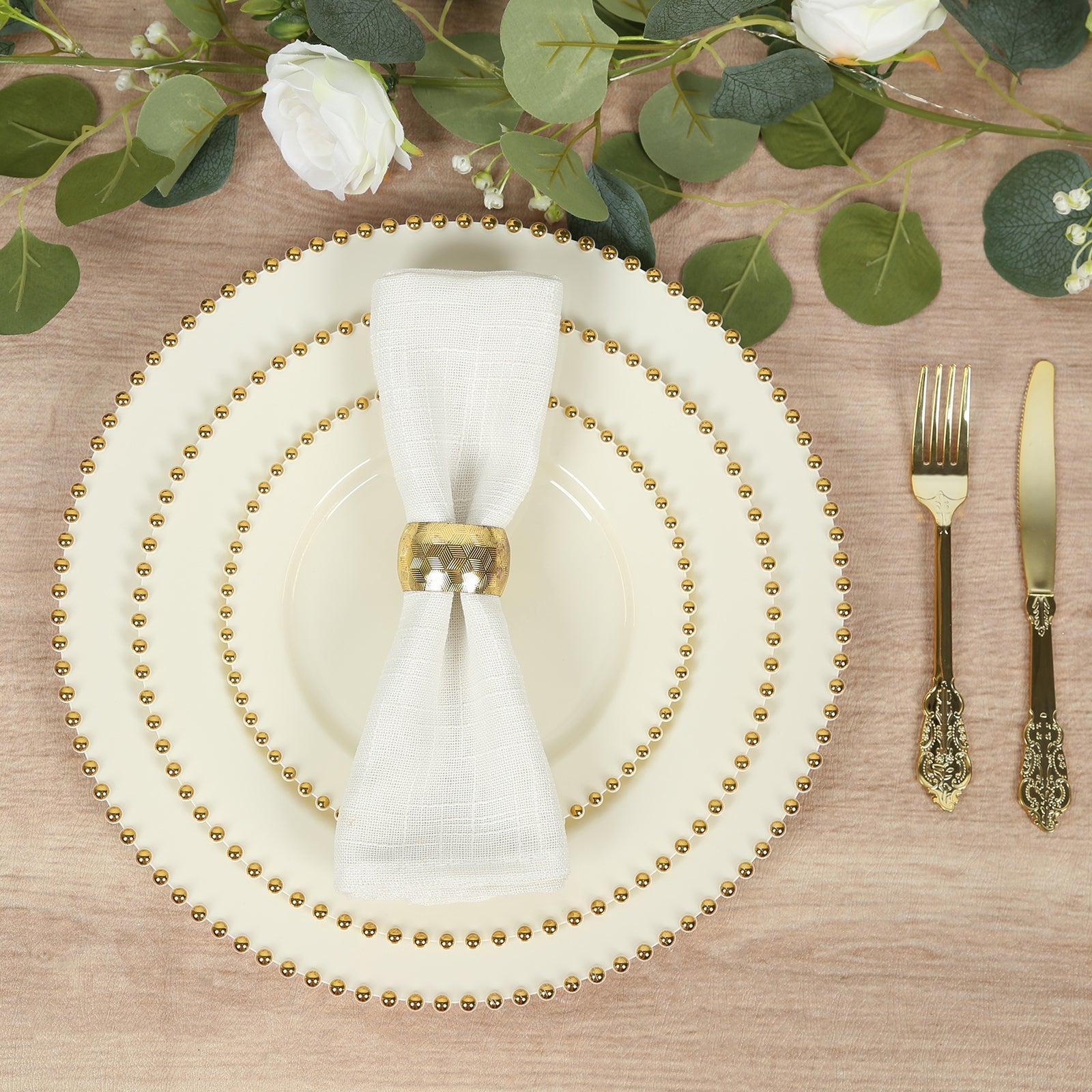 10-Pack Plastic 10" Round Dinner Plates in Ivory with Gold Beaded Rim - Disposable Party Plates for Banquets & Festive Occasions