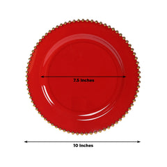 10-Pack Plastic 10" Round Dinner Plates in Red with Gold Beaded Rim - Disposable Party Plates for Banquets & Festive Occasions