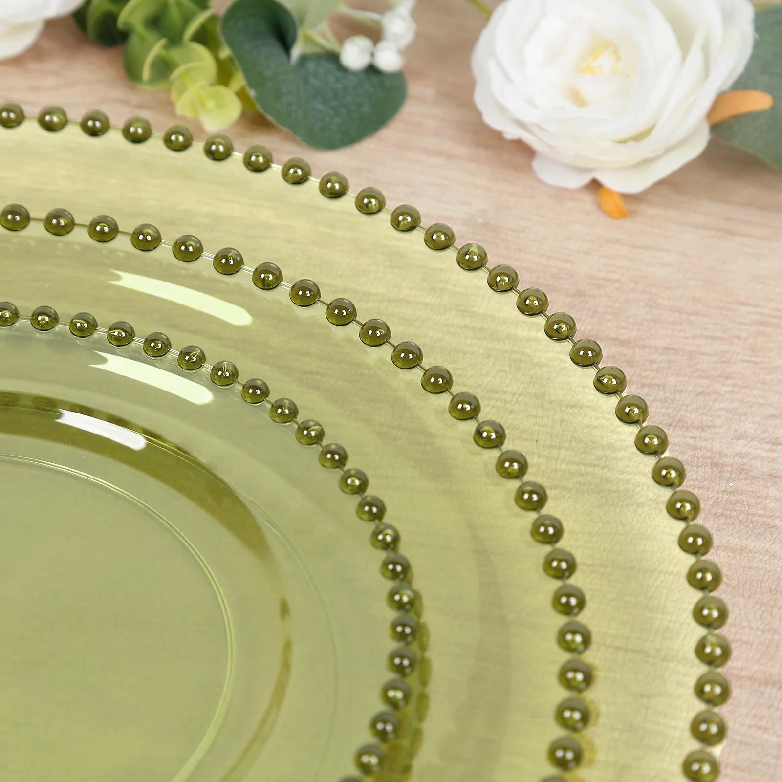 10-Pack Plastic 10" Round Dinner Plates in Transparent Dusty Sage Green with Beaded Rim - Disposable Party Plates for Banquets & Festive Occasions