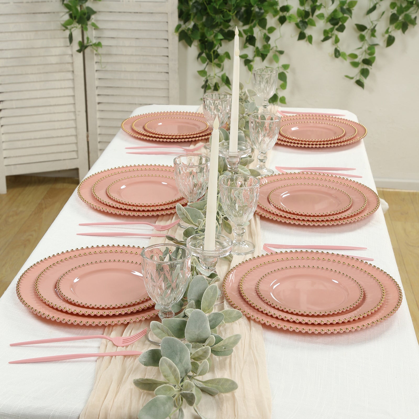10-Pack Dusty Rose Plastic Dessert Plates – 8" Round with Gold Beaded Rim, Disposable for Parties & Events