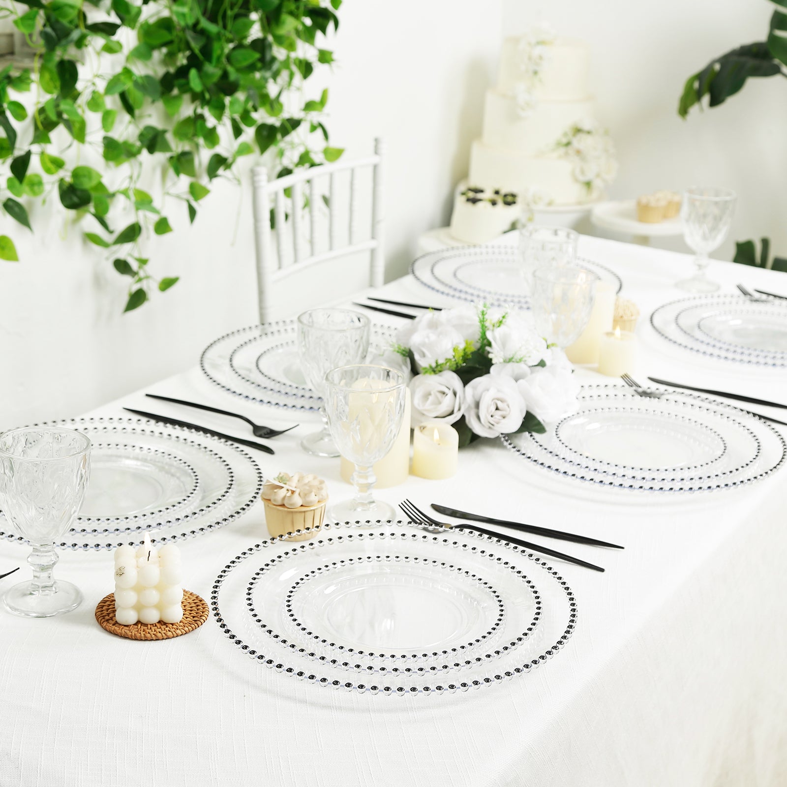 10-Pack Clear Plastic Dessert Plates – 8" Round with Black Beaded Rim, Disposable for Parties & Events