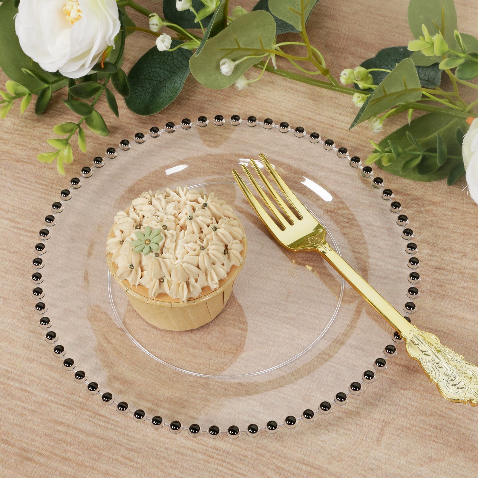 10-Pack Clear Plastic Dessert Plates – 8" Round with Black Beaded Rim, Disposable for Parties & Events