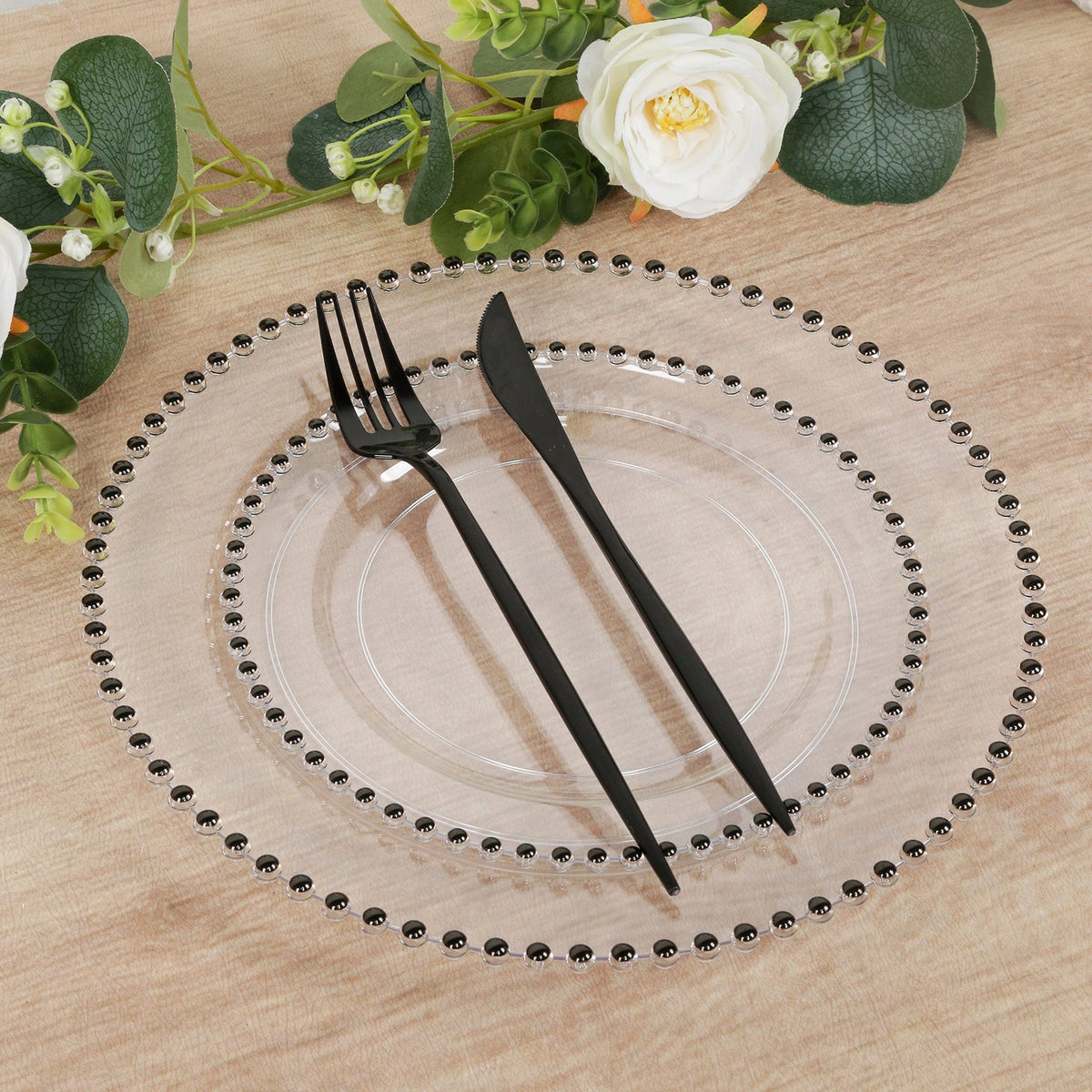 10-Pack Clear Plastic Dessert Plates – 8" Round with Black Beaded Rim, Disposable for Parties & Events