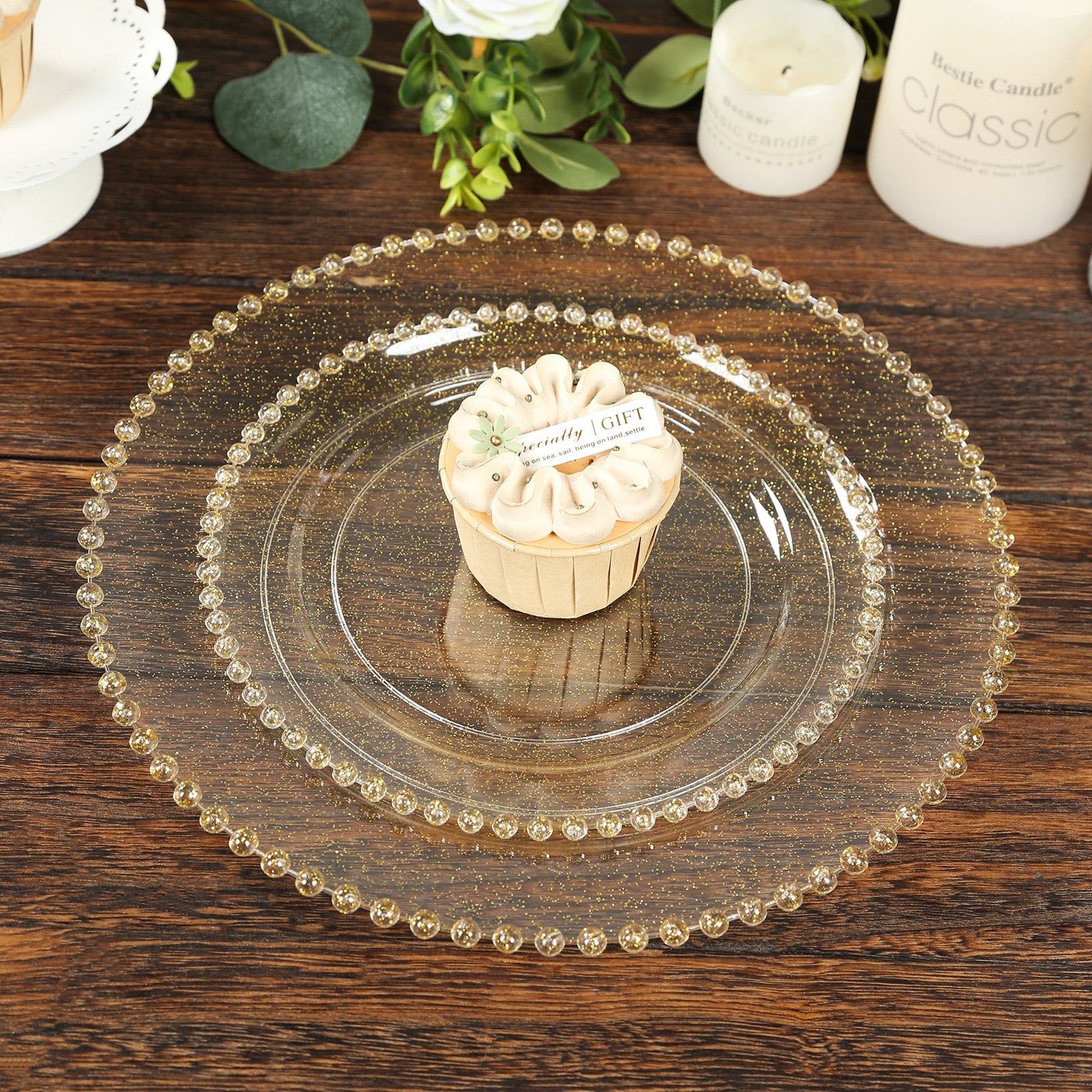 10-Pack Clear Gold Glittered Plastic Dessert Plates – 8" Round with Beaded Rim, Disposable for Parties & Events