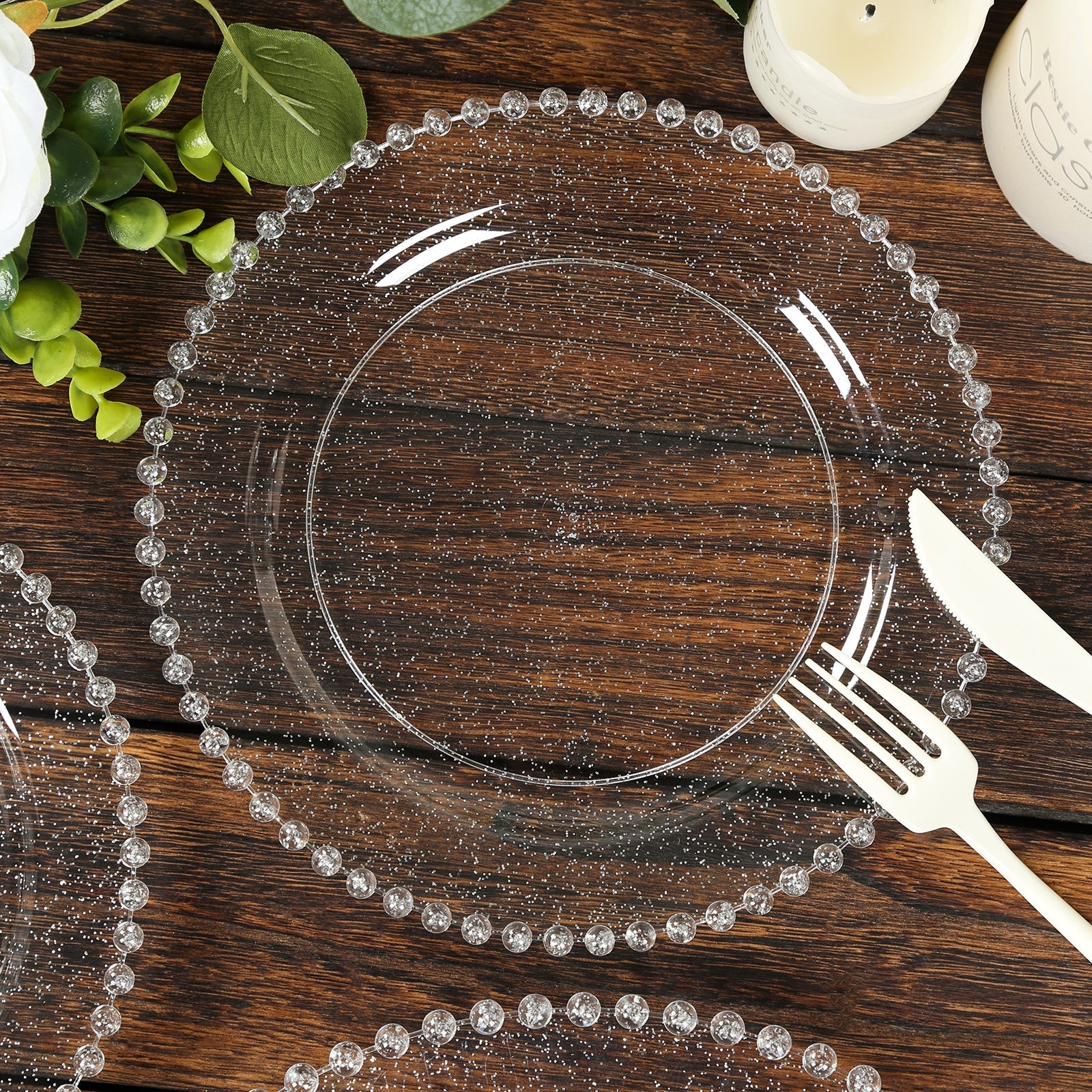 10-Pack Clear Silver Glittered Plastic Dessert Plates – 8" Round with Beaded Rim, Disposable for Parties & Events