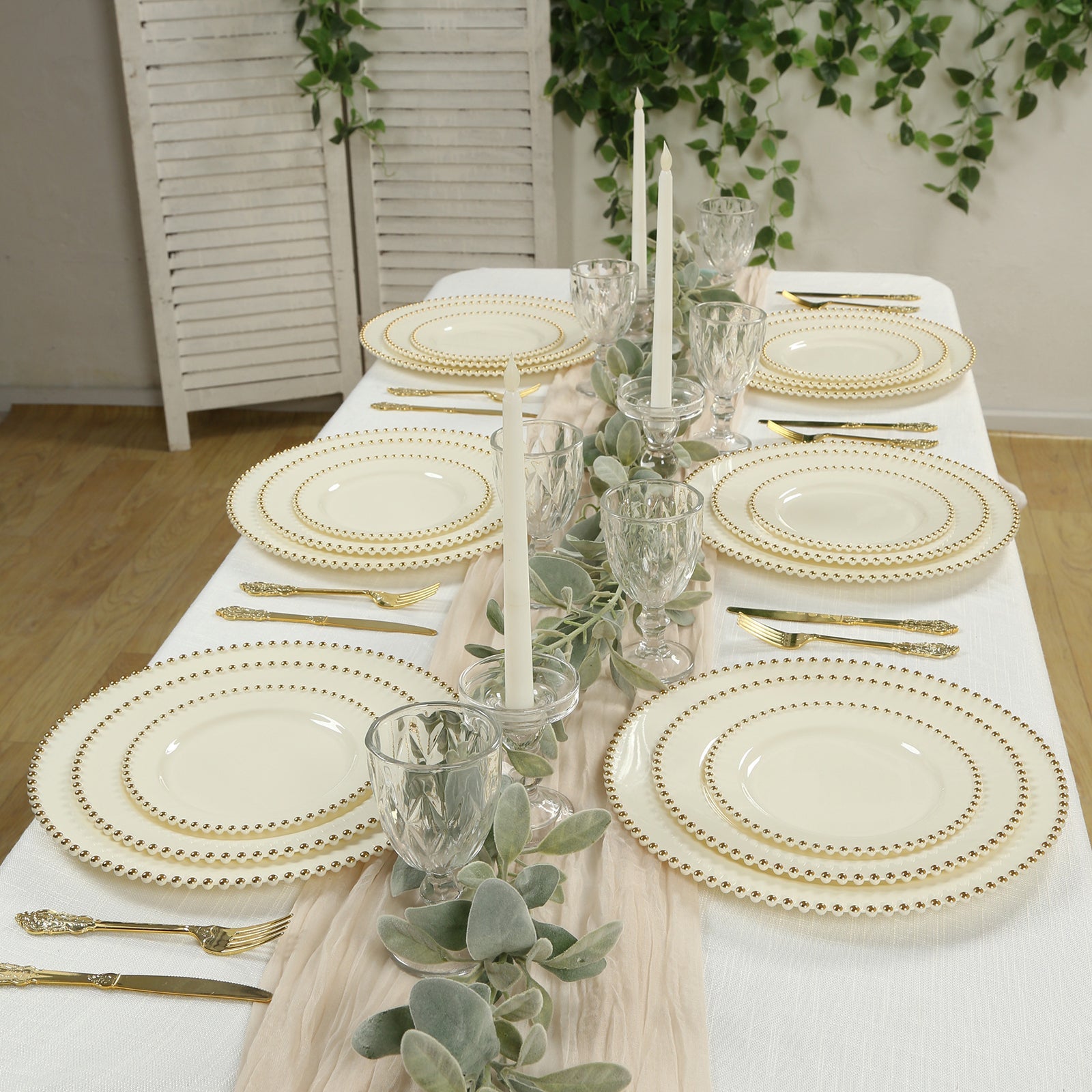 10-Pack Ivory Plastic Dessert Plates – 8" Round with Gold Beaded Rim, Disposable for Parties & Events