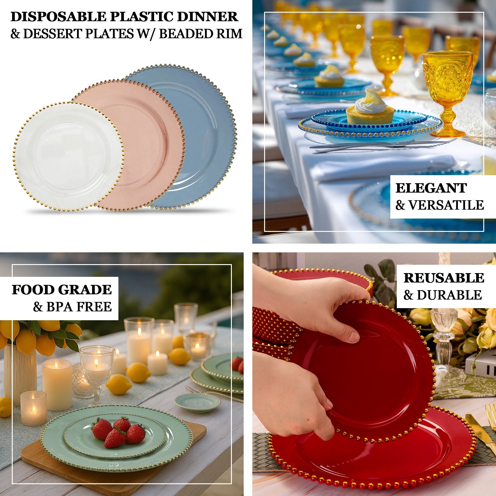 10-Pack Clear Silver Glittered Plastic Dessert Plates – 8" Round with Beaded Rim, Disposable for Parties & Events