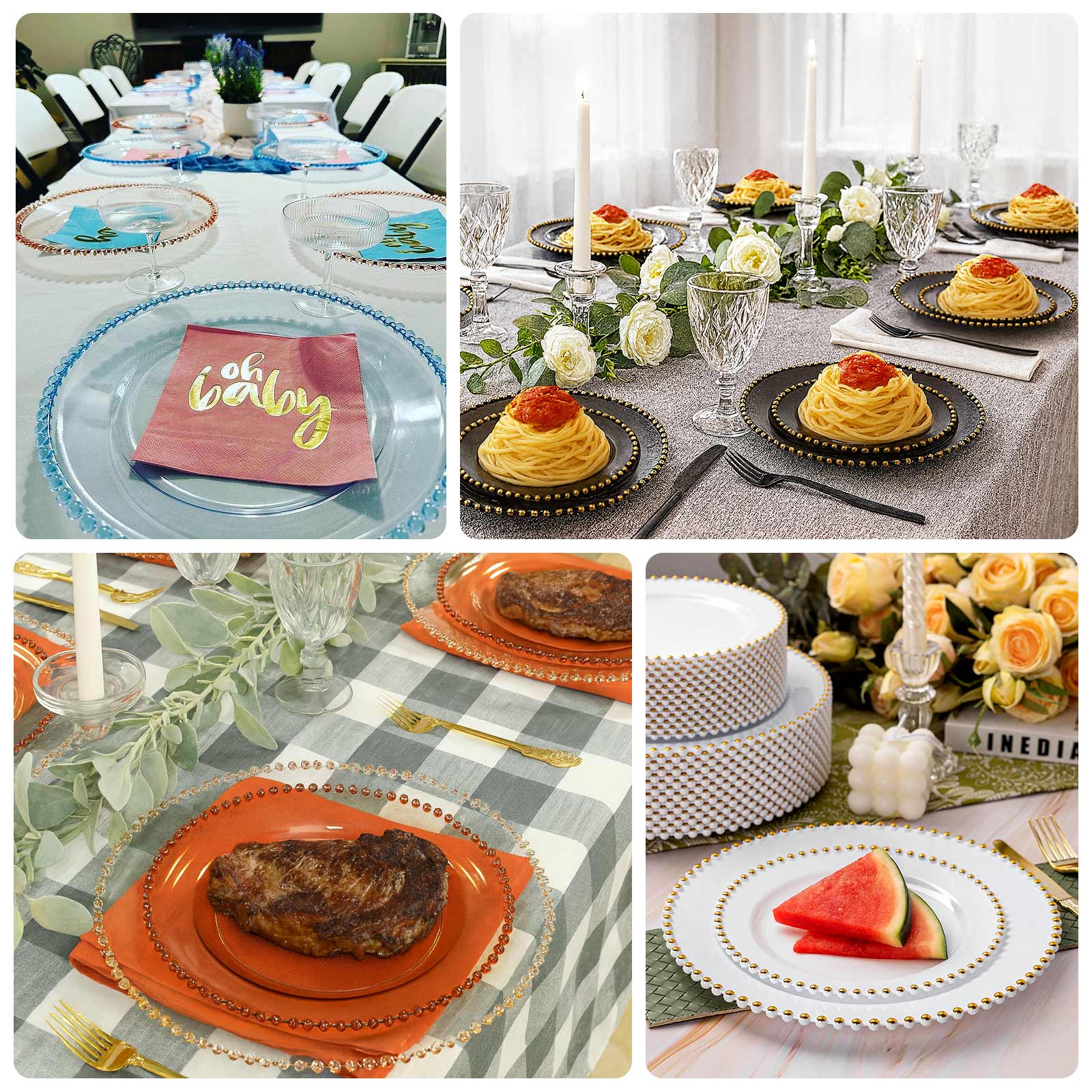 10-Pack Clear Gold Glittered Plastic Dessert Plates – 8" Round with Beaded Rim, Disposable for Parties & Events