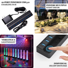 10-Port USB 3.0 Powered Charging Hub – 12V/2A with Independent Switches for LED Lamps, Event Lights & Wedding Installations