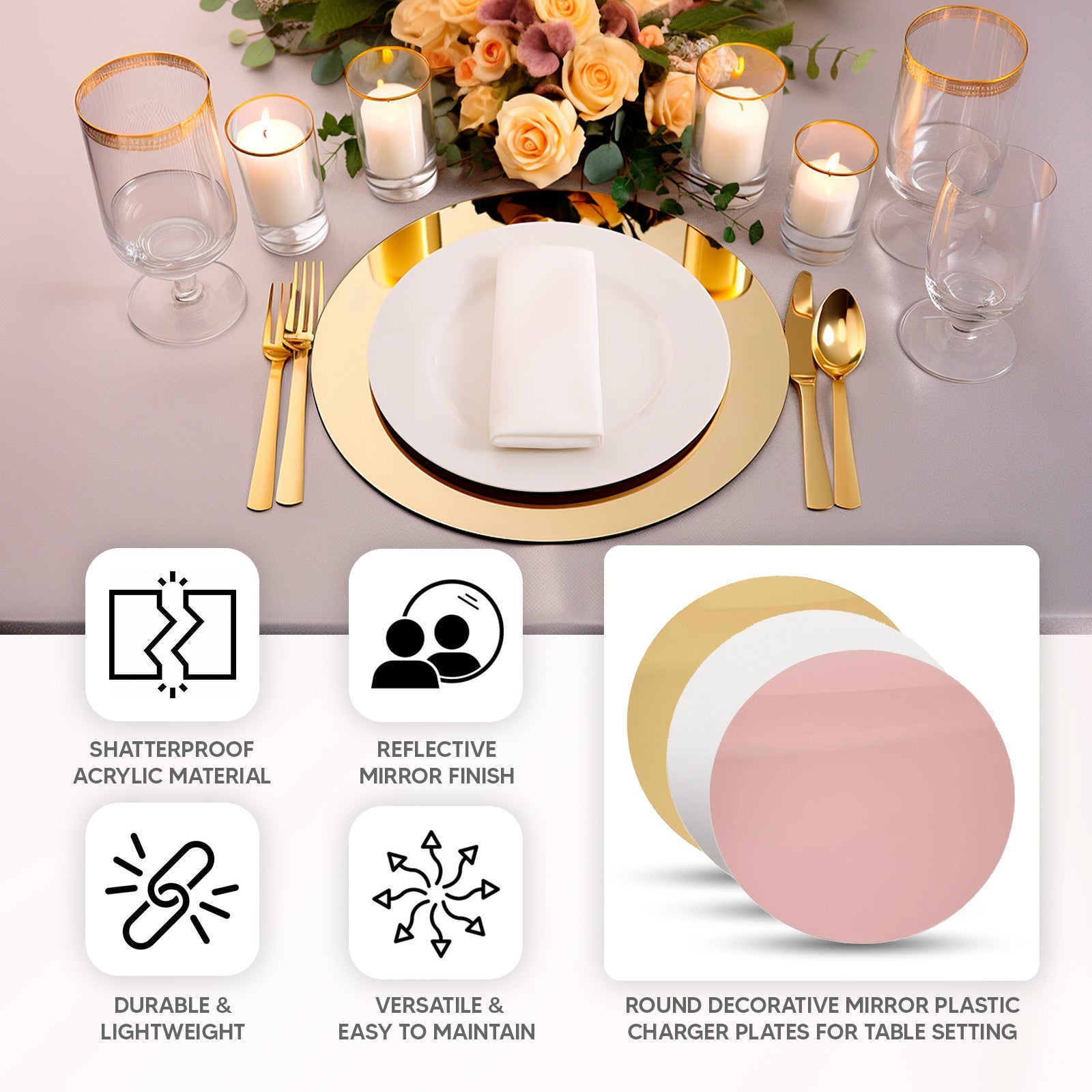 10-Pack Dining Plate Chargers Decorative Acrylic Mirror Silver Round - Lightweight Event Display 13"