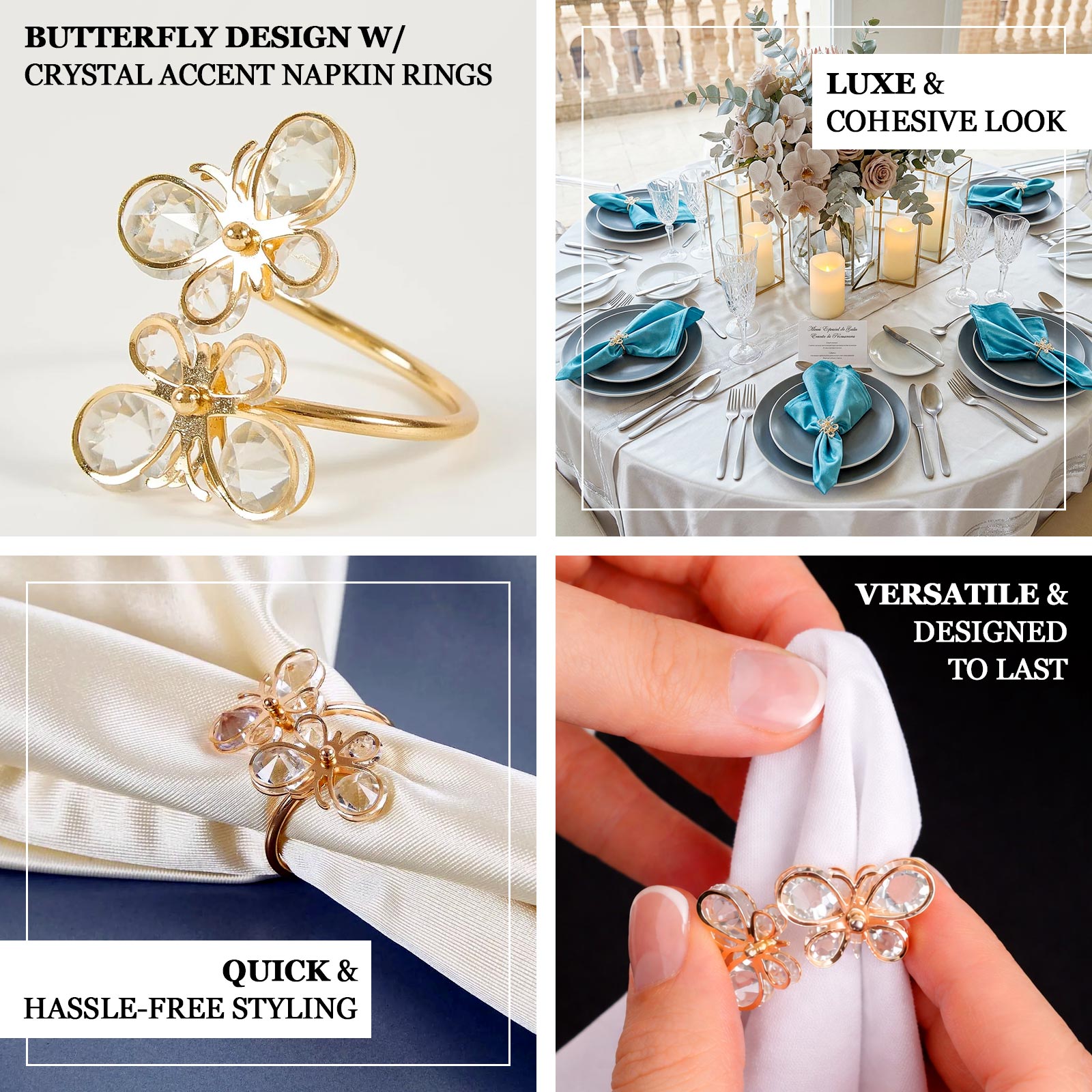 10-Pack Gold Butterfly Napkin Holders with Crystal Accents – Decorative Napkin Rings for Weddings & Events