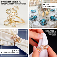 10-Pack Gold Butterfly Napkin Holders with Crystal Accents – Decorative Napkin Rings for Weddings & Events