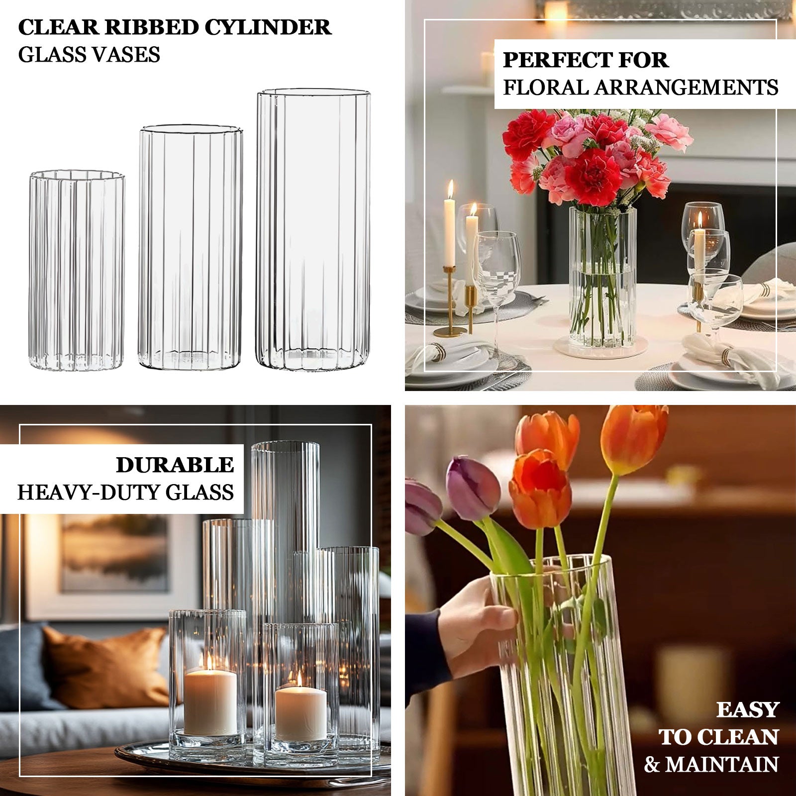 10" Ribbed Cylinder Glass Vases – 12 Pack Clear Flower Vases for Table Centerpieces, Home & Wedding Decor